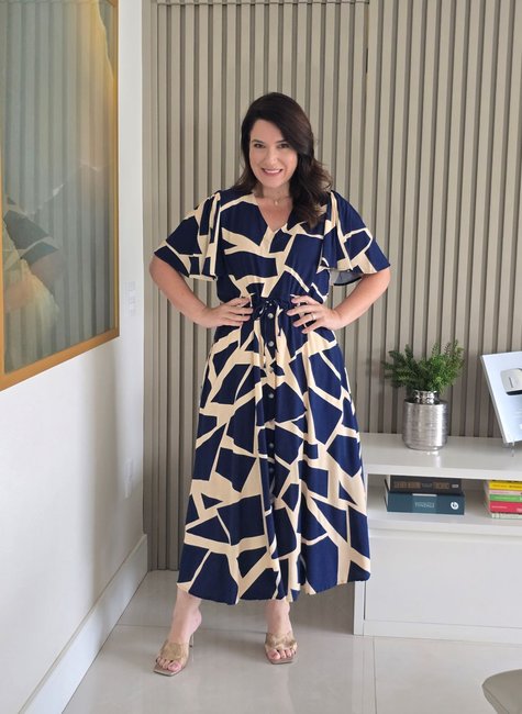 Vestido Midi em Viscolinho com Mangas Fluidas e Bolsos Azul