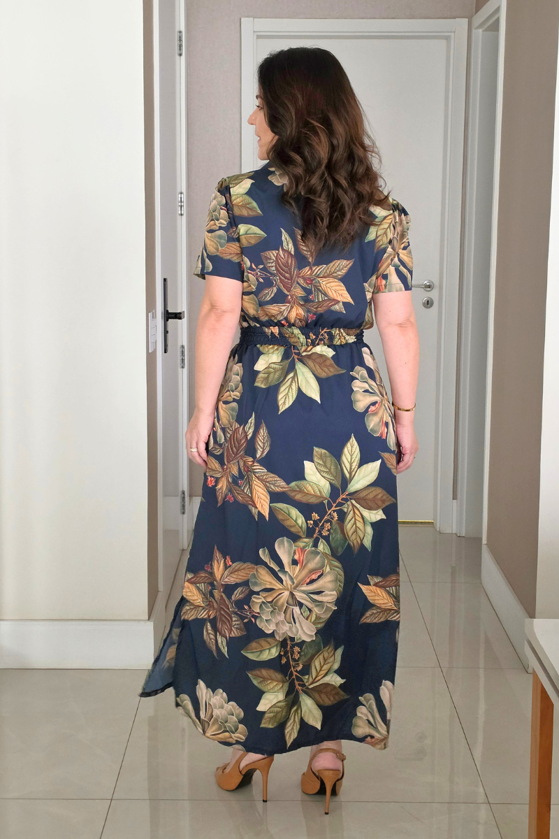 Chemise Adriana em Sedinha Floral Azul Marinho