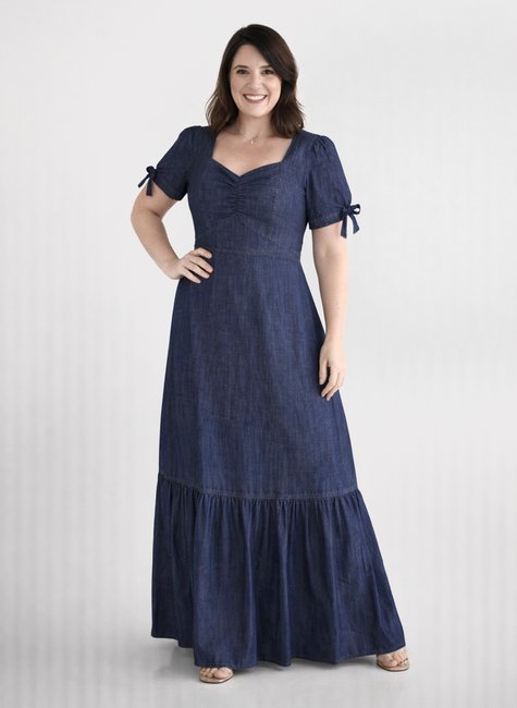 Vestido Longo Jeans Cintura Marcada com Babado 100%Algodão