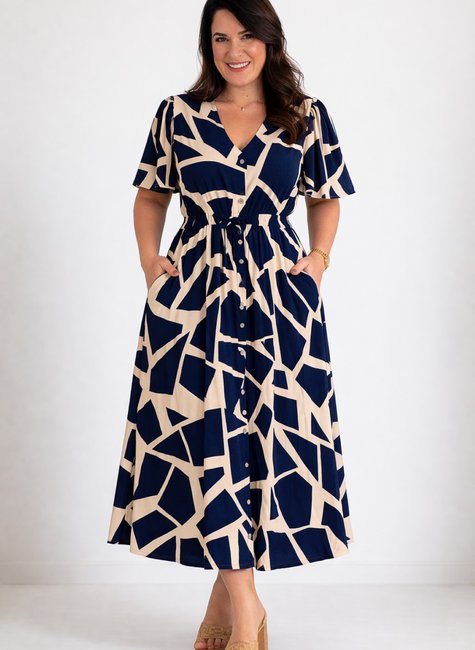 Vestido Midi em Viscolinho com Mangas Fluidas e Bolsos Azul