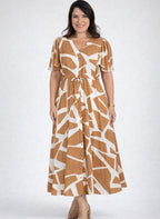 Vestido Midi em Viscolinho com Mangas Fluidas e Bolsos Beje