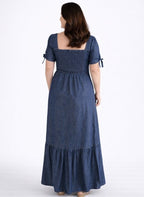Vestido Longo Jeans Cintura Marcada com Babado 100%Algodão